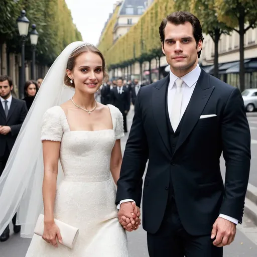 Prompt: Henry Cavill getting married to Natalie Portman in Paris wearing a vintage Chanel wedding dress 