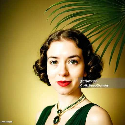 Prompt: Elegant woman in 1920s fashion, delicate makeup, warm background, Areca Palm, detailed green dress, high-res, vintage, warm tones, detailed features, classic beauty, elegant design, sophisticated lighting, 1920s, glamorous, refined, art deco, classic makeup, vintage fashion, detailed hair, classic elegance