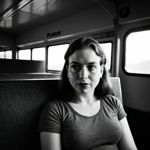 Prompt: Photo of woman sitting on a bus, dramatic in the style of Dirk Braeckman, B&W