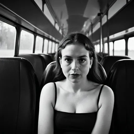 Prompt: Photo of woman sitting on a bus, dramatic in the style of Dirk Braeckman, B&W