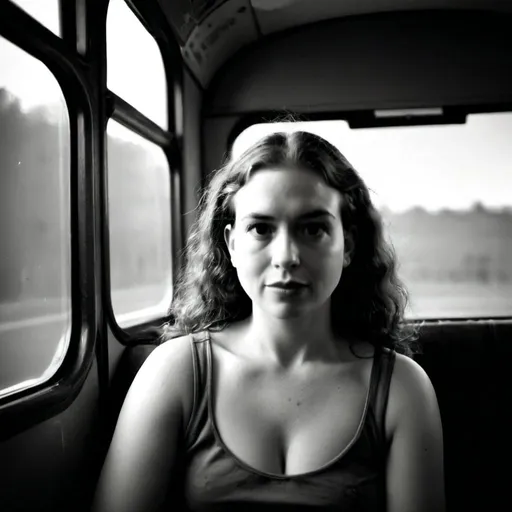 Prompt: Photo of woman sitting on a bus, dramatic in the style of Dirk Braeckman, B&W