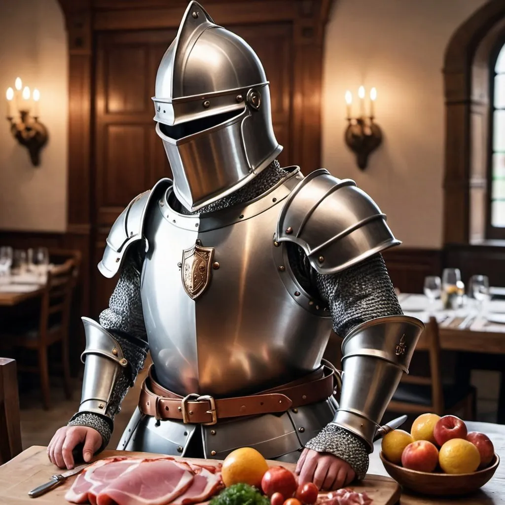 Prompt: Ham 🍖 that is dressed as a knight in armour 