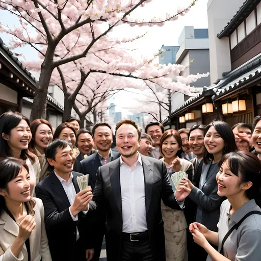 Prompt: Immerse yourself in a captivating scene set on a beautiful, bustling street in Tokyo, Japan. In this delightful image, Elon Musk is seen beaming alongside a group of cheerful Japanese locals, each holding money in their hands. The street is alive with the charm of traditional Japanese architecture, adorned with vibrant banners and lush cherry blossoms in full bloom, blending the old and new seamlessly.

Elon Musk, dressed in relaxed yet fashionable attire, stands at the center of the group, his face lit up with a broad smile. Around him, the Japanese people—ranging from enthusiastic children to joyful elders—mirror his happiness, their hands proudly displaying their winnings. The atmosphere is one of camaraderie and shared joy, highlighting a moment of cultural connection and mutual enjoyment.

This image beautifully captures the spirit of celebration and the delight of a cross-cultural encounter, set against the enchanting backdrop of Tokyo's iconic streets.