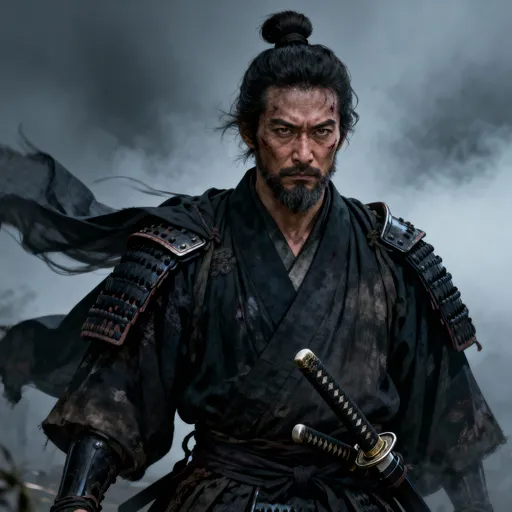 Prompt: mature samurai warrior, age 35, Japanese features, strong jawline, intense eyes, samurai top knot, trimmed beard, stoic expression, haunted but determined gaze, battle-worn and noble presence, ronin kimono, layered dark fabrics, subtle armor details, katana plus short tanto on waist, traditional samurai aesthetic, dramatic lighting, misty background, cinematic, dark and moody atmosphere, high detail, anime realism style, Kurosawa tone, emotional depth, warrior monk vibe, wind blowing fabric, scars, honor and pain in the eyes cartoonish, low quality, futuristic armor, sci-fi style, modern clothing, smiling, smooth baby face, messy hair, bright colorful background

