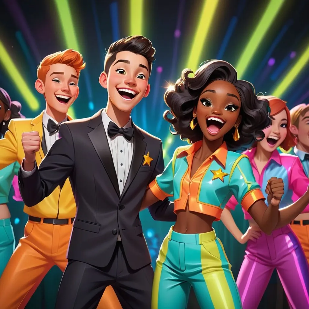 Prompt: Cartoon of a causcasian high-school male and a black female dressed in flashy, matching, show choir suits. They all wear colorful pants and have shirts on with sleeves. The female sneers at the male. He is smiling. They're mid-performance, singing and dancing energetically. Neon lights in various colors illuminate the stage. The backdrop is filled with sparkling stars, adding to the magical atmosphere. Each character has their own unique personality and style, making the scene lively and dynamic.