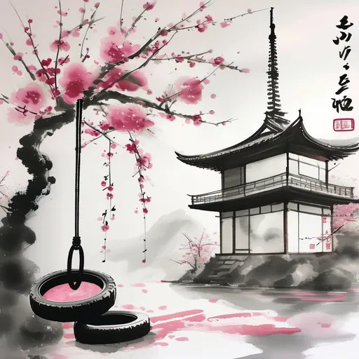 Prompt: A giant cherry blossom tree with a tire swing hanging on a branch blowing in the wind. A traditional Japanese tower in the back painted white and pink on a rainy day