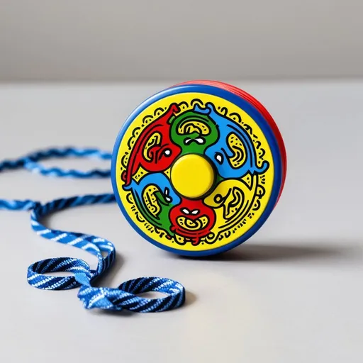Prompt: a realistic picture of a nine dragons yo-yo with a print on it inspired by Keith Haring.  Show the yo yo string in the picture