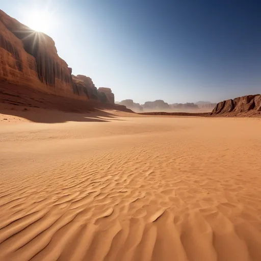 Prompt: desert landscape, Saudi Arabia, Al Ula, empty construction area, arid terrain, dramatic rocky formations, golden sand dunes, serene atmosphere, warm sunlight casting long shadows, vast blue sky, high-quality HD, capturing the beauty of isolation and potential, inviting curiosity about future developments.