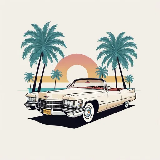 Prompt: Illustrated T-shirt design of vintage Cadillac with palm trees, vector, solid white background, simple color palette