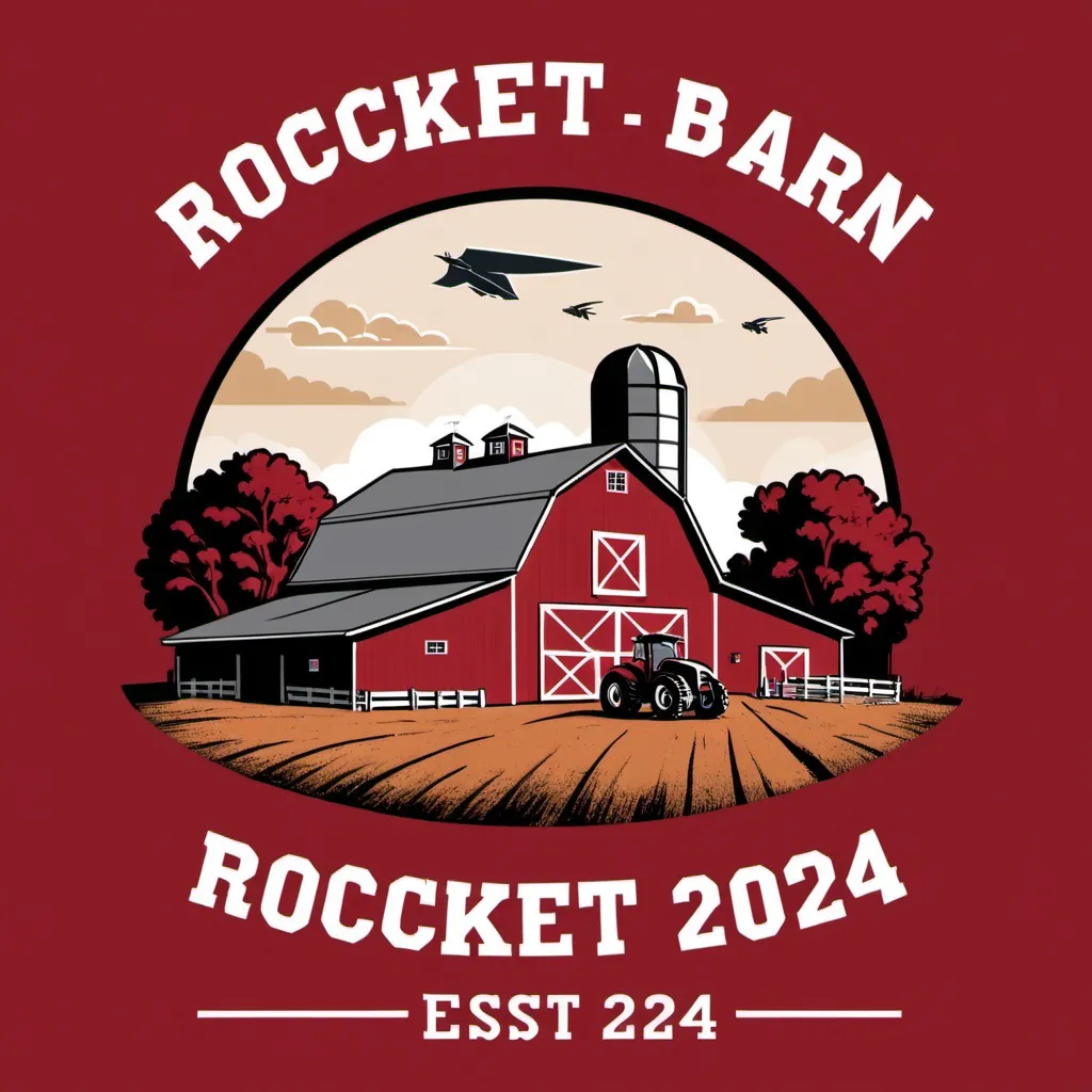 Prompt: A t-shirt design that has a red barn with 3 farmers working on a missile, with the words "Rocket Barn" above and "Est. 2024" below the image