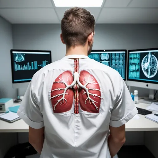 Prompt: hacker avec un blouse blanche de médecin
Il est vue de dos et travail sur un ordi


