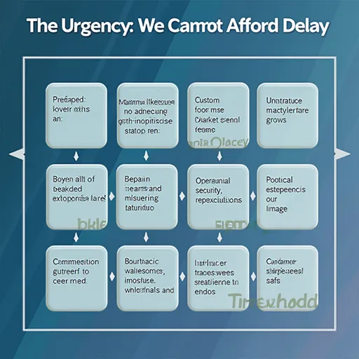 Prompt: I am preparing a presentation on modernizing our existing e-commerce platform. The Legacy platform is nearly 20 years old. Prepare an image for the slide points below


The Urgency: We Cannot Afford Delay
Competitors are advancing with modern platforms.	
Delay risks losing market share rapidly.
Inaction costs: operational struggles grow.
Potential security incidents, reputational damage.
Inability to compete erodes our position.
Customer expectations for seamless experiences are unmet.
•	Strategic shift is critically overdue.

Make sure images and text is grammatically correct 

