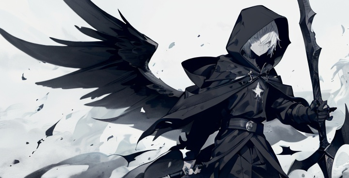 Prompt: 1boy, a drawing of a boy wielding a scyth, with hood on his head, with black ink splatters around him, with big black wing behind him, Alice Prin, gothic art, official art, a manga drawing, full body, black and white color
