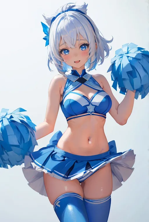 Prompt: 1girl, a woman in a blue outfit with a Pom-poms in her hand and a blue dress on her chest and a white background, Epsylon Point, rayonism, anime girl, a detailed painting, happy, cheerleader, genshin impact, showing stomach, white hair with blue light, short hair