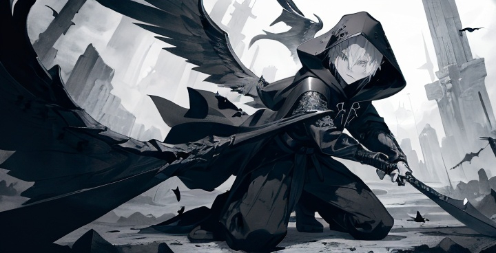 Prompt: 1boy, a drawing of a boy wielding a scyth, with hood on his head, with black ink splatters around him, with big black wing behind him, Alice Prin, gothic art, official art, a manga drawing, full body, black and white color