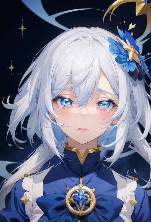 Prompt: 1girl, a anime character with white hair and blue eyes wearing a blue dress with a gold star, Ay-O, remodernism, official art, a character portrait, closing eyes, crying, genshin impact