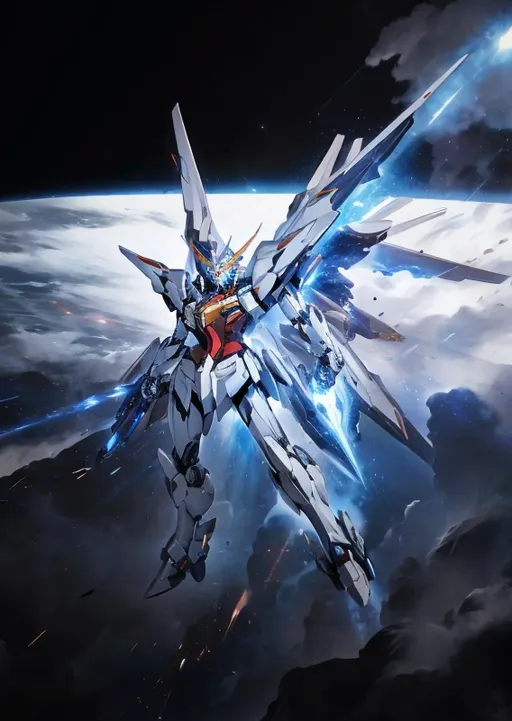 Prompt: A white strike freedom gundam combine with Barbatos Gundam Head with blue light in full burst mode firing full beam canon, remodernism, official art, realism, full body, high grade, 4k, Galaxy Background, flying