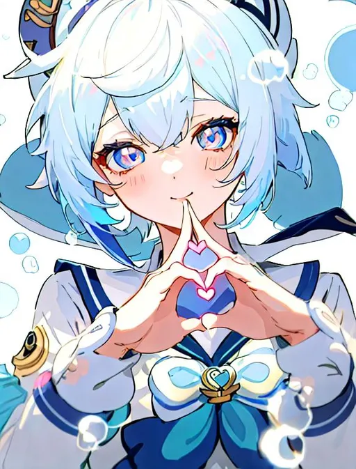 Prompt: 1girl, a woman with white hair with blue light and a sailor outfit making a heart shape with her hands and her hands together, Ay-O, rayonism, official art, a manga drawing, short hair, happy, genshin impact, white background with bubble