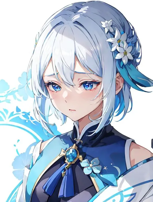 Prompt: 1girl, a woman with white hair with blue light and a blue outfit, Ay-O, rayonism, official art, a manga drawing, short hair, crying, genshin impact, white background, closing her eyes, flower on her hair