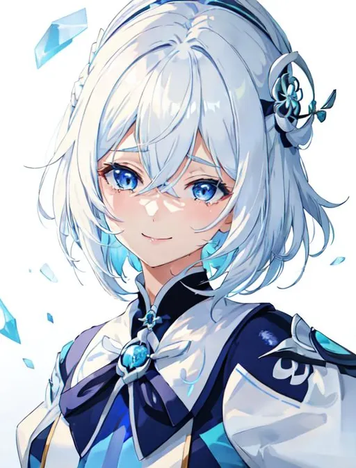 Prompt: 1girl, a woman with white hair with blue light and a blue outfit, Ay-O, rayonism, official art, a manga drawing, short hair, smile while crying, genshin impact, white background