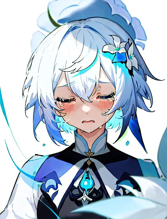 Prompt: 1girl, a girl with white hair with blue light, wearing dark blue outfit, Ay-O, rayonism, official art, a manga drawing, short hair, crying, genshin impact, white background, closing her eyes, flower on her hair
