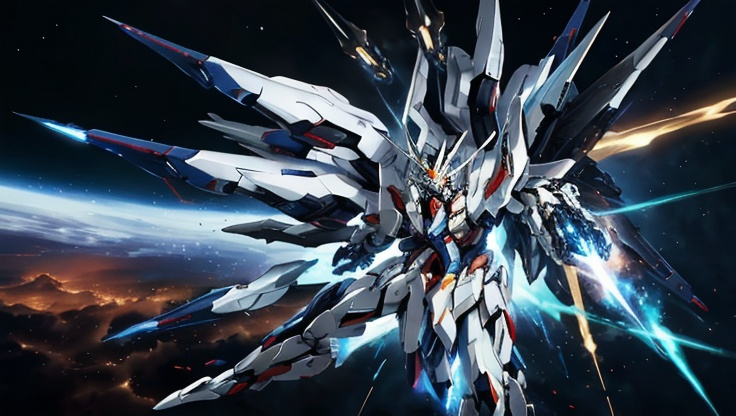 Prompt: A white strike freedom gundam combine with Barbatos Gundam with blue light in full burst mode firing full beam canon, remodernism, official art, realism, full body, high grade, 4k, Galaxy Background