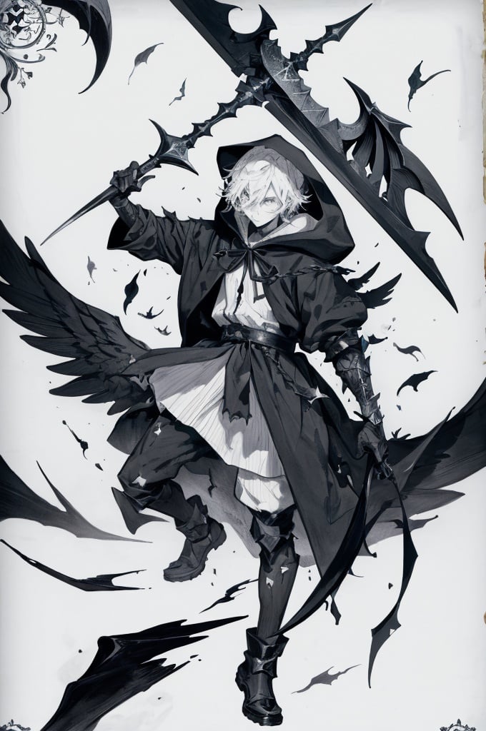 Prompt: 1boy, a drawing of a boy wielding a scyth, with hood on his head, with black ink splatters around him, with big black wing, Alice Prin, gothic art, official art, a manga drawing, full body, black and white color