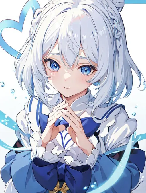 Prompt: 1girl, a woman with white hair with blue light and a sailor outfit making a heart shape with her hands and her hands together, Ay-O, rayonism, official art, a manga drawing, short hair, happy, genshin impact, white background with bubble