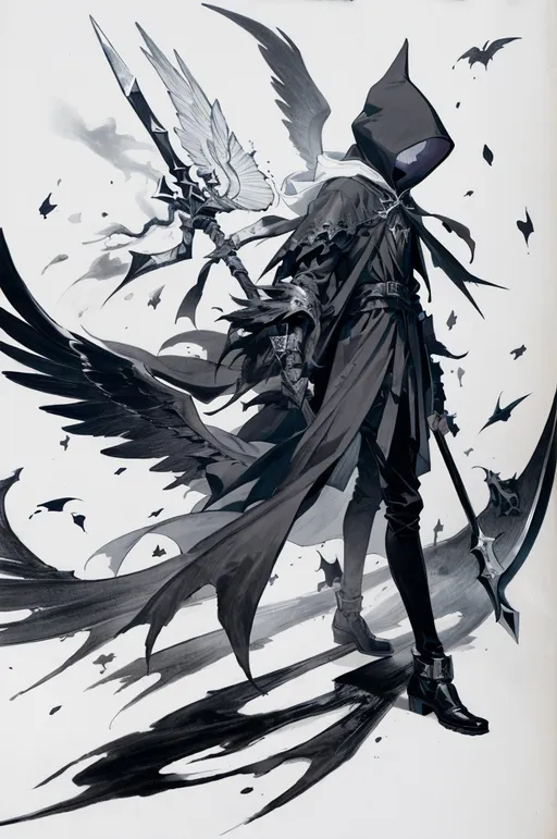 Prompt: 1boy, a drawing of a boy wielding a scyth, with hood on his head, with black ink splatters around him, with big black wing, Alice Prin, gothic art, official art, a manga drawing, full body, black and white color