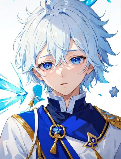 Prompt: 1boy, a boy with white hair with blue light and a blue outfit, Ay-O, rayonism, official art, a manga drawing, short hair, crying, genshin impact, white background, closing her eyes, flower on her hair