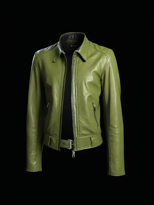 Prompt: a green leather jacket with a zippered collar and a belted waistline, with a black background, Christian Hilfgott Brand, new objectivity, finely detailed features, a digital rendering