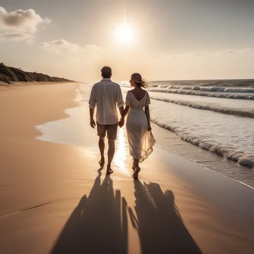 Prompt: "Uma imagem de um casal caminhando de m�os dadas em dire��o a um c�u ensolarado. O casal est� em um campo ou uma praia, com a luz do sol brilhando intensamente atr�s deles. Eles t�m um semblante de felicidade e tranquilidade, com sorrisos no rosto. O c�u � azul claro com algumas nuvens brancas, e o sol est� alto no c�u, criando um brilho dourado que ilumina a cena. O ambiente ao redor � sereno e bonito, transmitindo uma sensa��o de paz e amor."