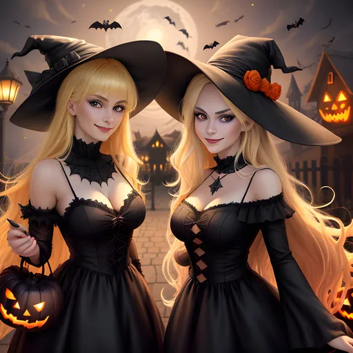 Prompt: image of Halloween, two  beautiful closed smile blond witches with ((plain regular black witch hat)) facing viewer while ((looking at viewer)) , a black cat,  demonic jack-o-lanterns,  bats flying in moon lit night sky