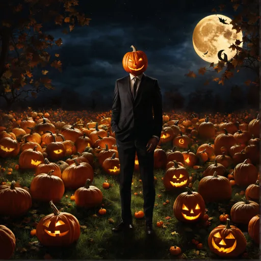 Prompt: realistic, image of Halloween, a garden of ordinary pumpkins, ((pumpkin head) with (glowing eyes):1.6 and normal male body):3.0, (facing viewer):1.5, standing in the middle of the garden of ordinary pumpkins, a night sky with a moon and bats,