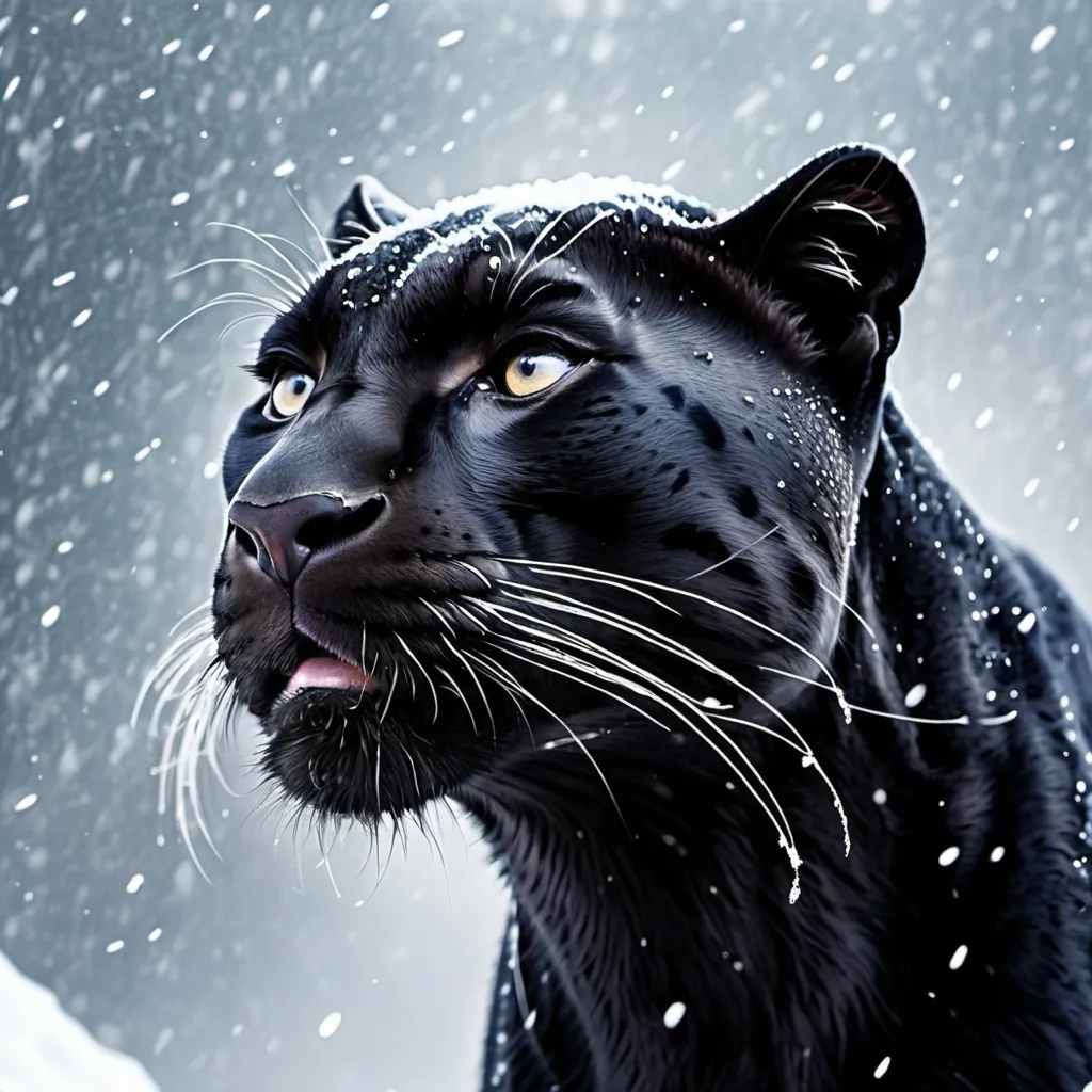 Prompt: black pantherlooking up in sky enjoying snow falling