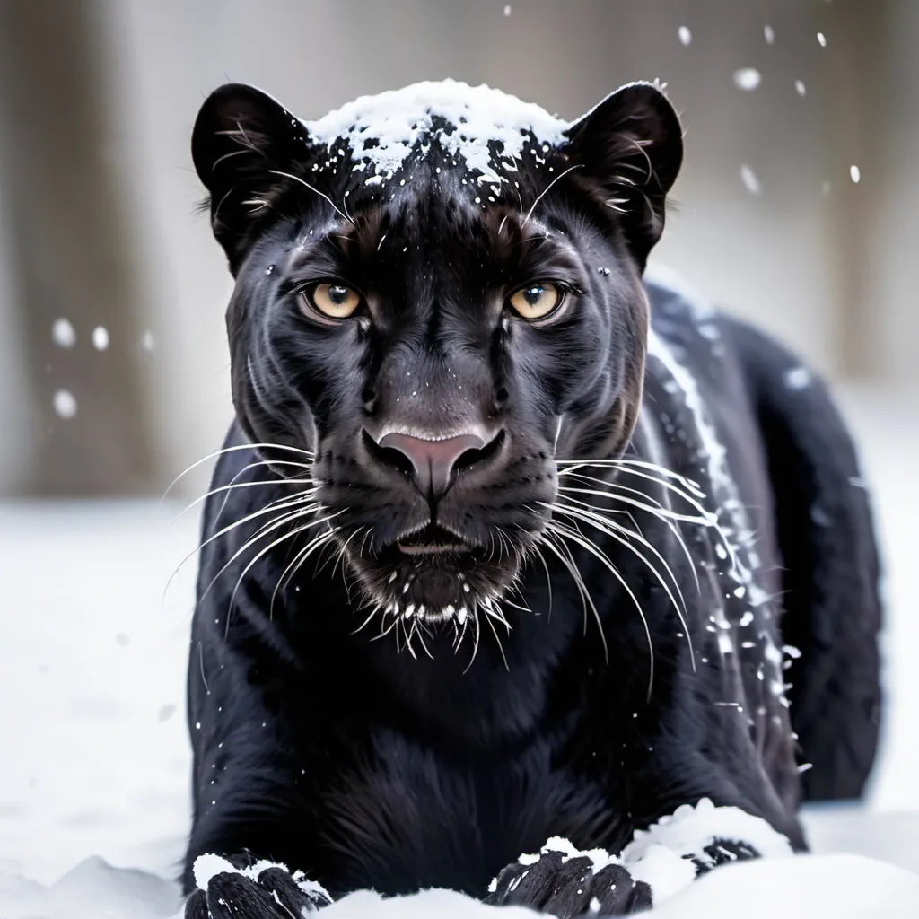 Prompt: black panther enjoying snow