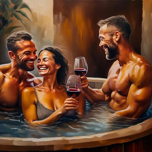 Prompt: Oil painting of two happy men and oke woman, beautiful bodies, smiling, drinking wine, in a hot tub, visible strokes, rough edges, muted colors, warm lighting, neutral backdrop, high quality, oil painting, detailed physique, natural beauty, joyful atmosphere, celebratory mood, warm tones, relaxed vibe