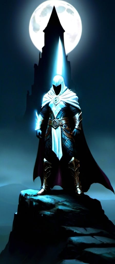 Prompt: Moonknight DND outfit, fantasy style, highres, detailed armor, mystical moonlight, heroic pose, lunar symbols, intricate details, moonlit ambiance, enchanted sword, towering ancient ruins, epic fantasy, moonlight reflections, magical aura, heroic fantasy, vibrant colors, atmospheric lighting, intricate patterns, detailed cape