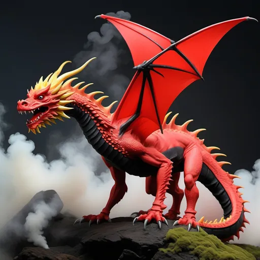 Prompt: Create A visually of a large, friendly to humans, smart, breathes sulfur vapor, spiked, red and black, can fly, and camouflage dragon
