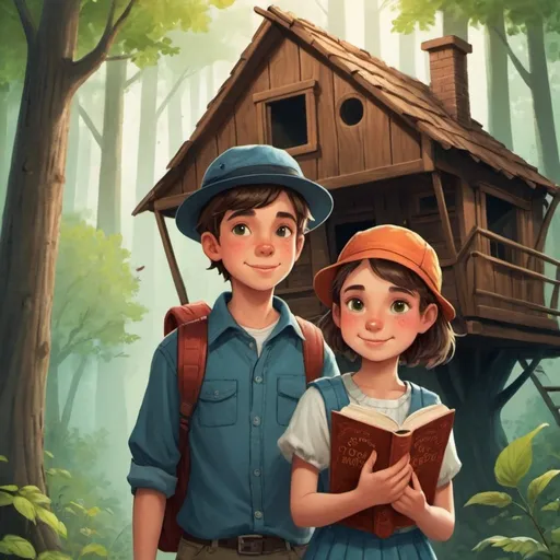 Prompt: A book cover of a girl who met a boy in the woods near a tree house. The boy had on a tilted hat.