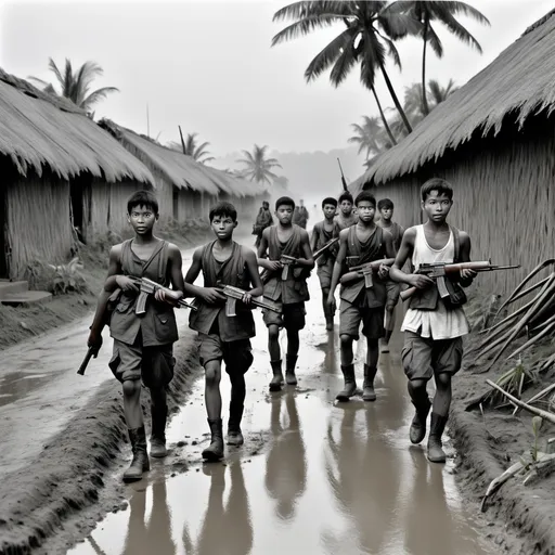 Prompt: "Black-and-white scene of a group of young soldiers walking in single file along a muddy path near a calm body of water. They are wearing simple, rough uniforms of white tank tops and shorts, each holding a rifle or makeshift weapon. The setting is a rural village, with trees, thatched-roof houses, and an overcast sky in the background. The mood is serious and tense, capturing a sense of training or preparation for conflict, evoking a mid-20th-century historical wartime context."