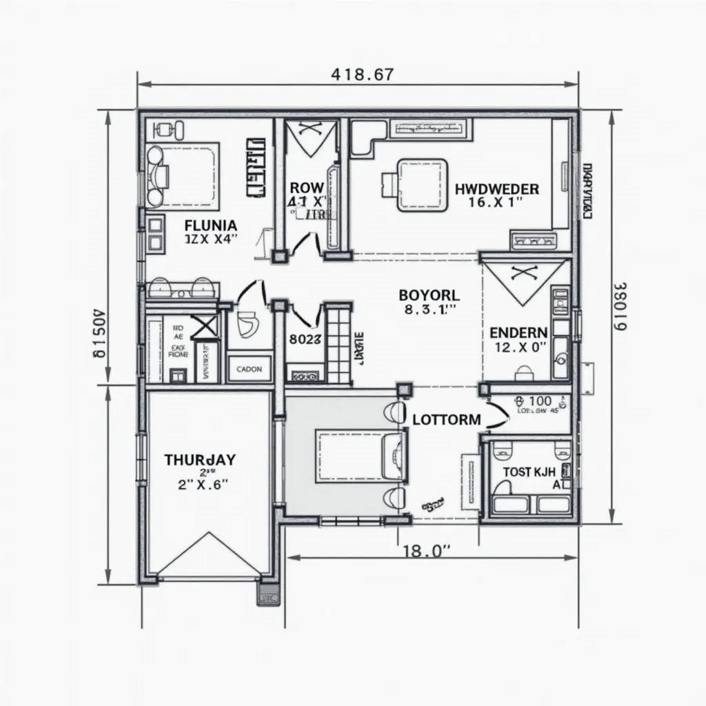 Prompt: A detailed CAD drawing of a residential floor plan.