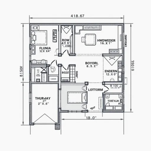 Prompt: A detailed CAD drawing of a residential floor plan.