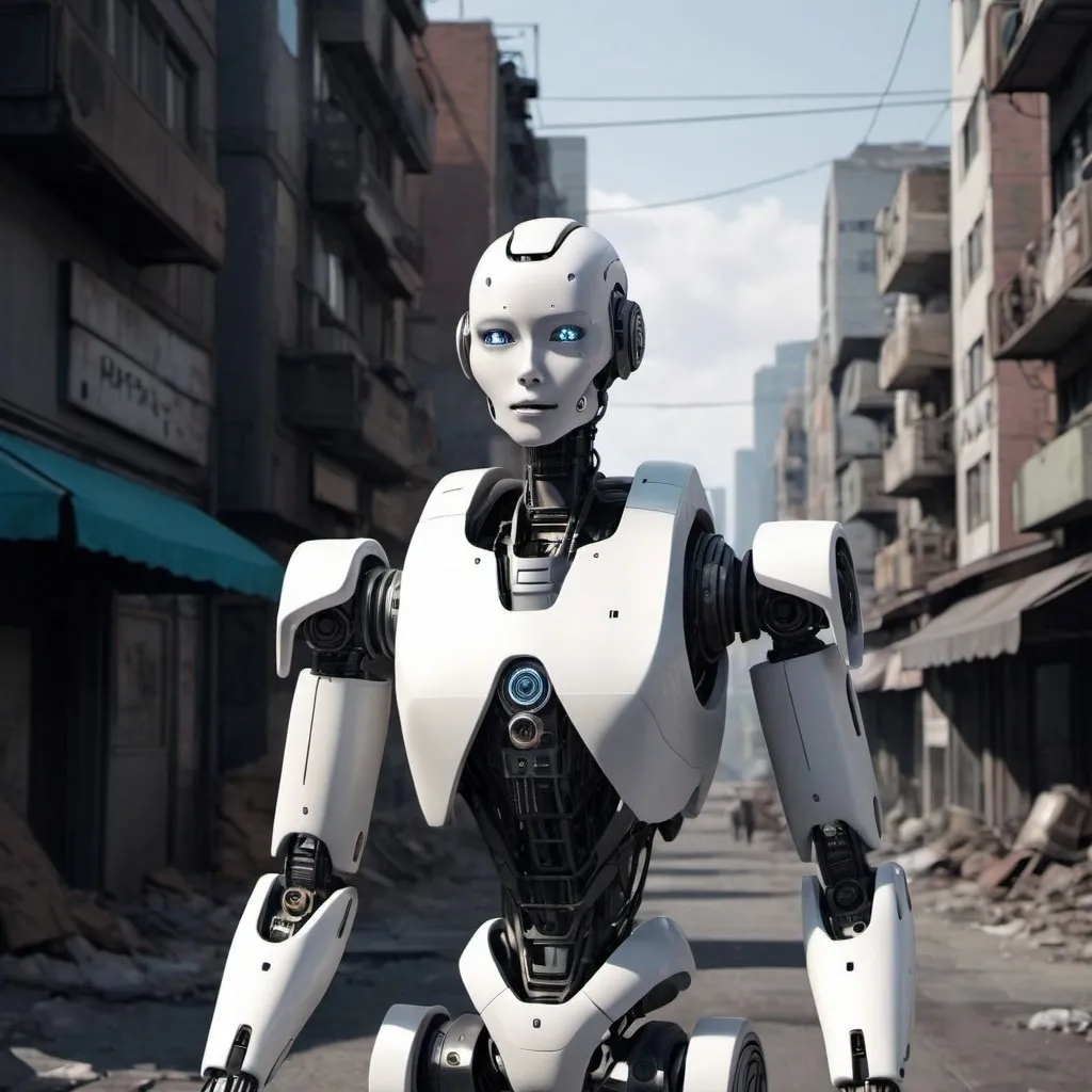 Prompt: A photorealistic humanoid Robot in a dystopid city