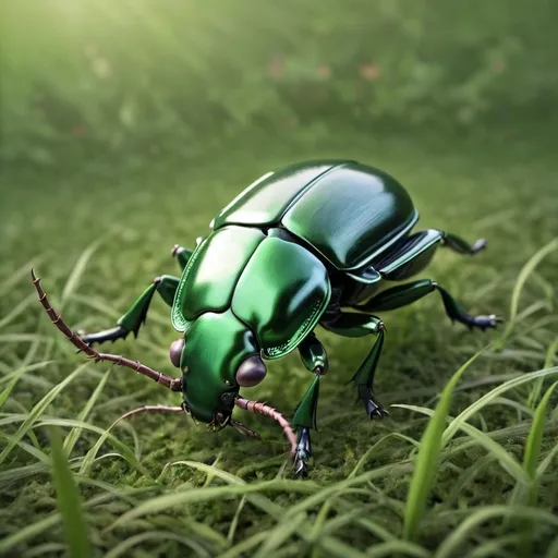 Prompt: A photorealistic rosebeetle on grass