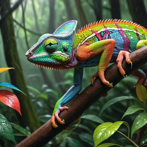 Prompt: A photorealistic colorfull Chamaeleon in Rainforrest