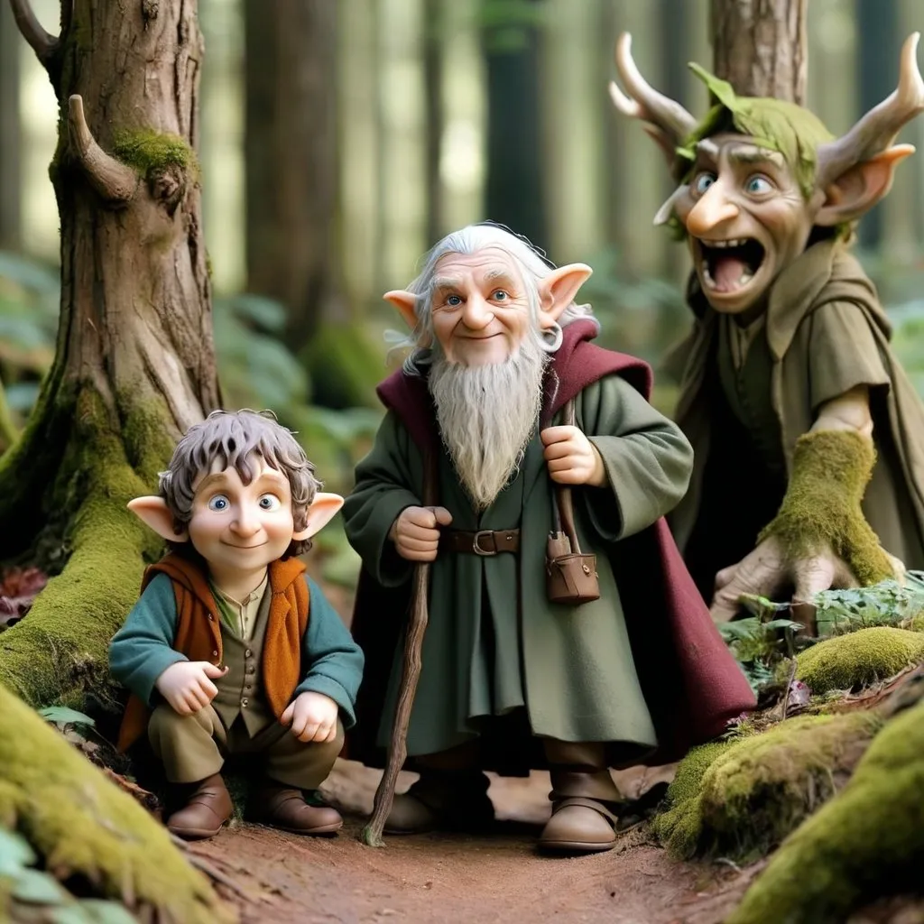 Prompt: Gandalph and Bilbo in a Trollforrest