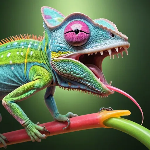 Prompt: A photorealistic colorfull Chamaeleon hunting a bug with the tongue