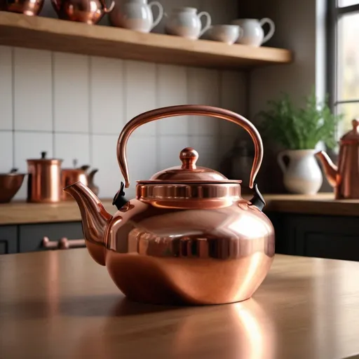 Prompt: Photorealistic copper teapot on a table in a kitchen