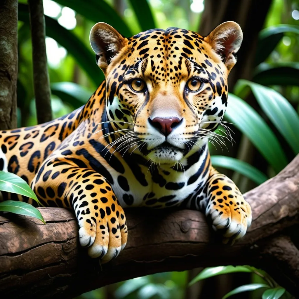 Prompt: Photorealistic Jaguar leihing on a Tree in southamerican jungle